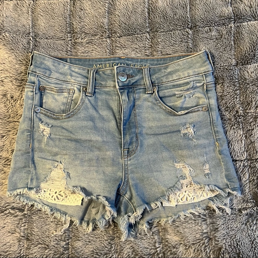 American Eagle Distressed High Rise Light Wash Jean Shorts